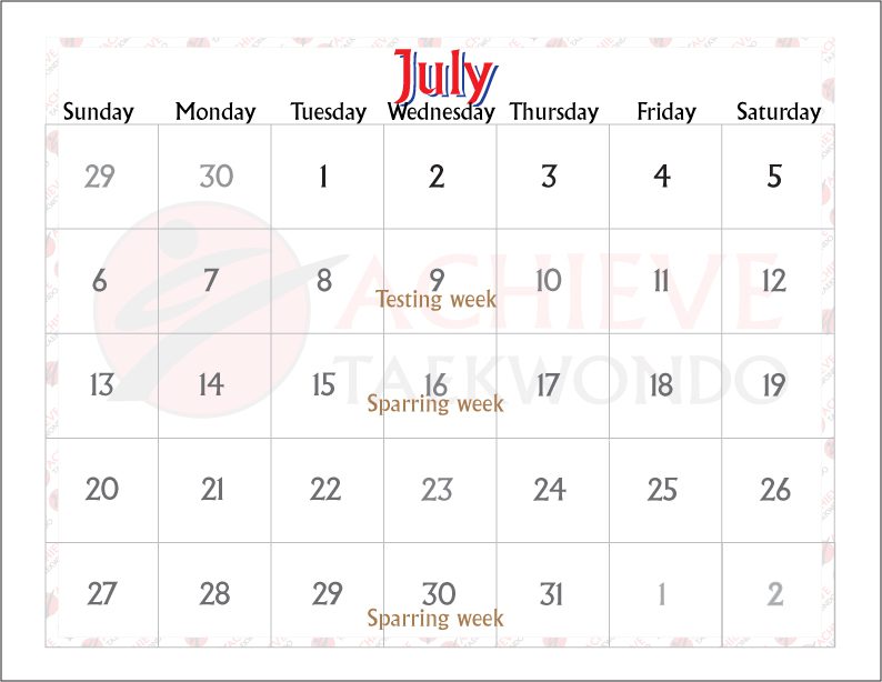 Achieve-calendar_July-2025-Concord-8x11 Girl learning taekwondo